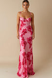Robe de soirée longue à bretelles spaghetti rose clair imprimée en mousseline de soie