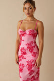 Robe de soirée longue à bretelles spaghetti rose clair imprimée en mousseline de soie