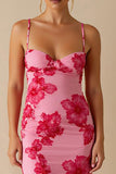 Robe de soirée longue à bretelles spaghetti rose clair imprimée en mousseline de soie