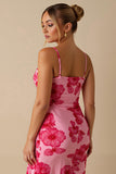 Robe de soirée longue à bretelles spaghetti rose clair imprimée en mousseline de soie