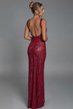 Robe de soirée fourreau à col carré en dentelle rouge foncé