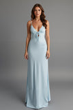 Robe de soirée en satin à bretelles spaghetti bleu ciel