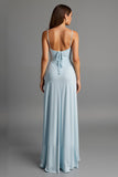 Robe de soirée en satin à bretelles spaghetti bleu ciel