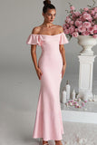 Robe de soirée en satin sirène rose clair à épaules dénudées