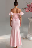 Robe de soirée en satin sirène rose clair à épaules dénudées