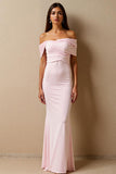 Robe de soirée en mousseline de soie sirène rose clair à épaules dénudées