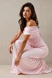 Robe de soirée longue fourreau froncé rose clair à une épaule