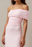 Robe de soirée longue fourreau froncé rose clair à une épaule