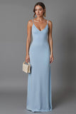 Robe de soirée longue en mousseline de soie à bretelles spaghetti bleu ciel