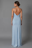 Robe de soirée longue en mousseline de soie à bretelles spaghetti bleu ciel