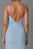 Robe de soirée longue en mousseline de soie à bretelles spaghetti bleu ciel
