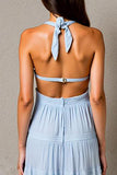 Robe de soirée froncée bleu ciel licol