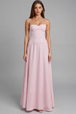 Robe de soirée longue simple rose clair à bretelles spaghetti