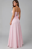 Robe de soirée longue simple rose clair à bretelles spaghetti