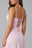 Robe de soirée longue simple rose clair à bretelles spaghetti