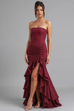Robe de soirée sans bretelles en mousseline de soie rouge foncé Sirène High-Low