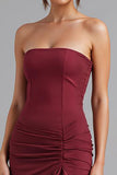 Robe de soirée sans bretelles en mousseline de soie rouge foncé Sirène High-Low