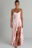 Robe de soirée en mousseline de soie rose clair à volants High-Low