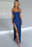 Robe de soirée en satin bleu roi à bretelles spaghetti avec fente