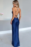 Robe de soirée en satin bleu roi à bretelles spaghetti avec fente