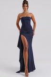 Robe de soirée simple sans bretelles bleu foncé avec fente