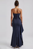 Robe de soirée simple sans bretelles bleu foncé avec fente