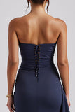 Robe de soirée simple sans bretelles bleu foncé avec fente
