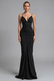 Spaghetti Straps Noir Strecth Satin Sirène Robe de soirée froncée