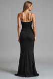Spaghetti Straps Noir Strecth Satin Sirène Robe de soirée froncée