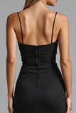 Spaghetti Straps Noir Strecth Satin Sirène Robe de soirée froncée