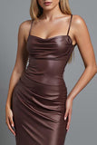 Robe de soirée longue en satin café froncée sirène spaghetti bretelles