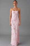 Robe de soirée à bretelles spaghetti rose clair imprimée fourreau avec fente