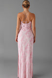 Robe de soirée à bretelles spaghetti rose clair imprimée fourreau avec fente
