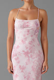 Robe de soirée à bretelles spaghetti rose clair imprimée fourreau avec fente