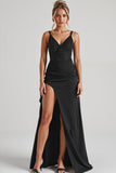 Robe de soirée à bretelles spaghetti fourreau noir avec fente