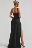 Robe de soirée à bretelles spaghetti fourreau noir avec fente