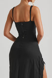 Robe de soirée à bretelles spaghetti fourreau noir avec fente
