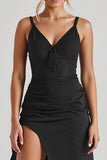 Robe de soirée à bretelles spaghetti fourreau noir avec fente