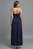 Robe de soirée bustier gaine bleu foncé avec fente