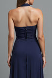 Robe de soirée bustier gaine bleu foncé avec fente
