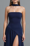 Robe de soirée bustier gaine bleu foncé avec fente