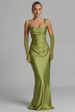 Robe de soirée froncée en satin vert sirène sauge