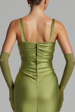 Robe de soirée froncée en satin vert sirène sauge