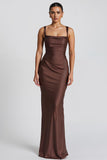 Robe de soirée maxi à bretelles spaghetti sirène café