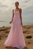 Robe de soirée maxi à bretelles spaghetti trapèze rose
