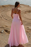 Robe de soirée maxi à bretelles spaghetti trapèze rose