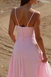 Robe de soirée maxi à bretelles spaghetti trapèze rose