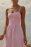 Robe de soirée maxi à bretelles spaghetti trapèze rose