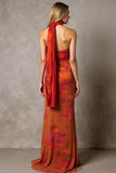 Robe de soirée maxi bustier imprimée gaine Cabernet avec ceinture