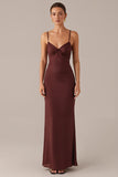 Robe de soirée fourreau à bretelles spaghetti marron